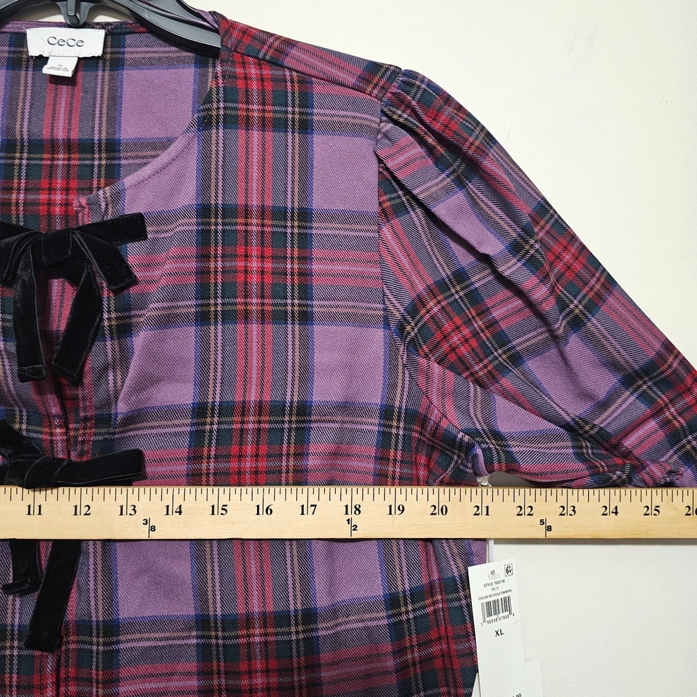 Cece Women's Top Blouse XL Purple Plaid Puff Short Sleeves Front Bow Tie 1102 - Picture 2 of 7